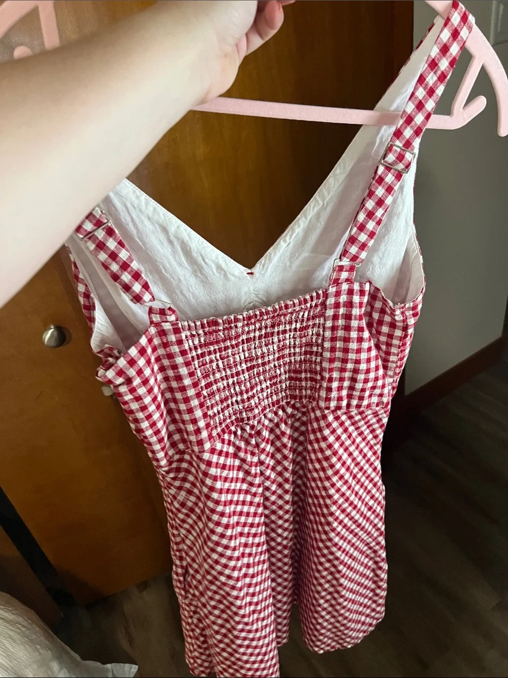 Red Gingham V-Neck A-Line Dress linen - Picture 3 of 5